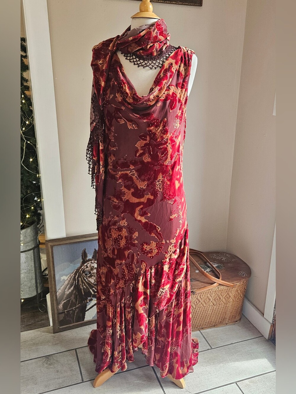 Vintage Bob Mackie Women's Red Floral Velvet Maxi Dress Y2K Fairy Elegant